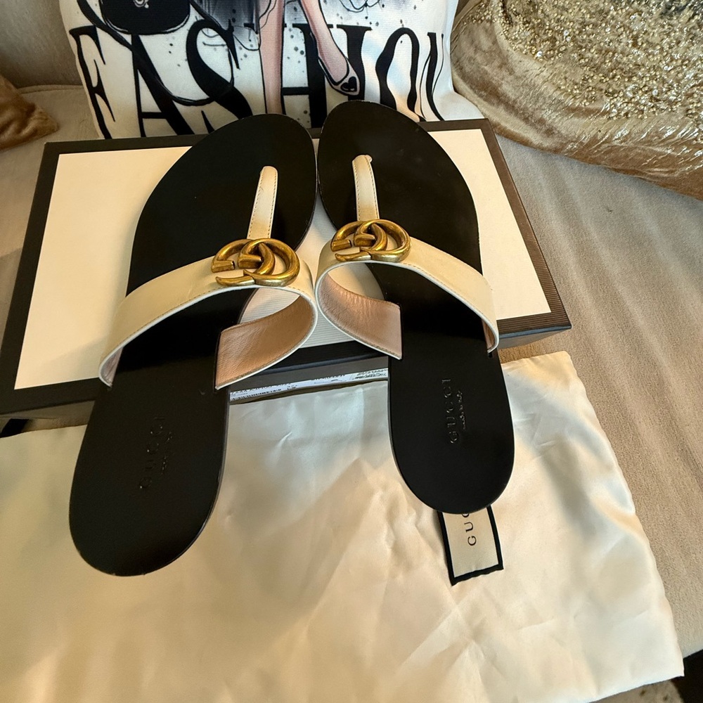 Gucci White Sandals with Gold GG Logo